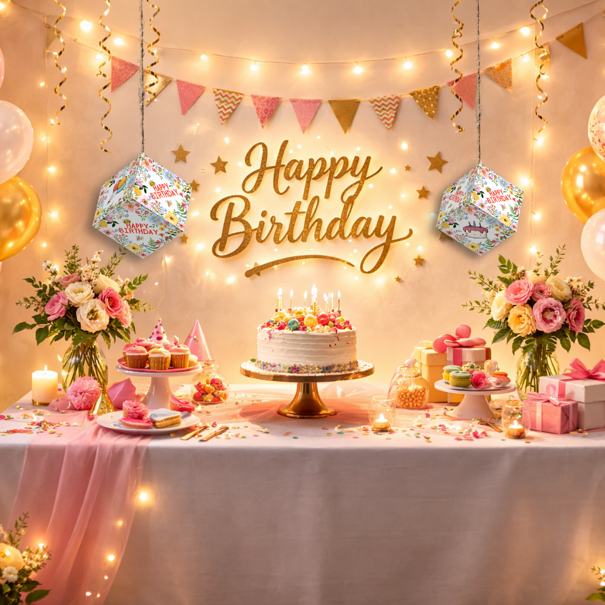 Fold-n-Form DIY 3D Hanging Cube Decor for Birthday Party Decoration: Floral Design