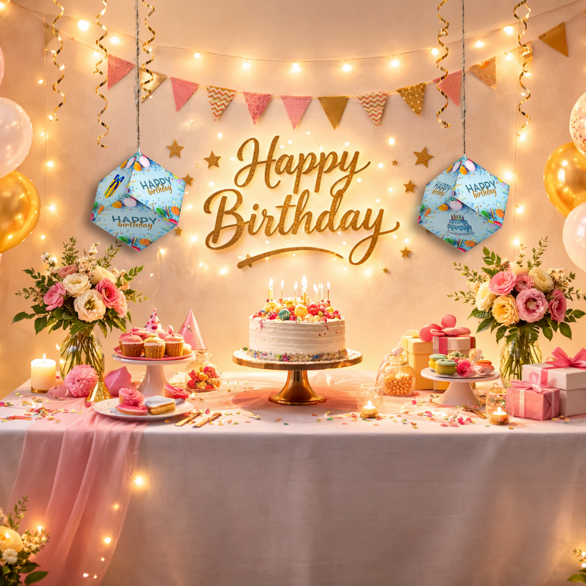 Fold-n-Form DIY 3D Hanging Cube Decor for Birthday Party Decoration: Confetti Design