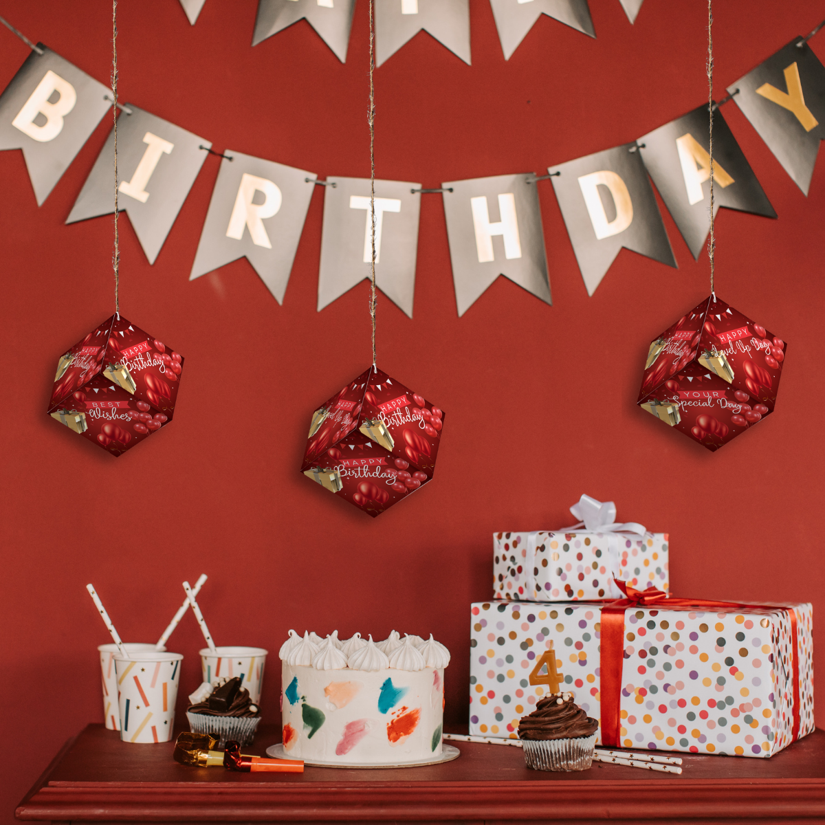 Fold-n-Form DIY 3D Hanging Cube Decor for Birthday Party Decoration: Wishes Design